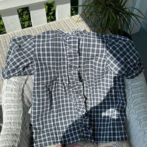 Ralph Lauren. Sweet navy, green plaid ruffle shirt. Cap sleeve. Covered buttons